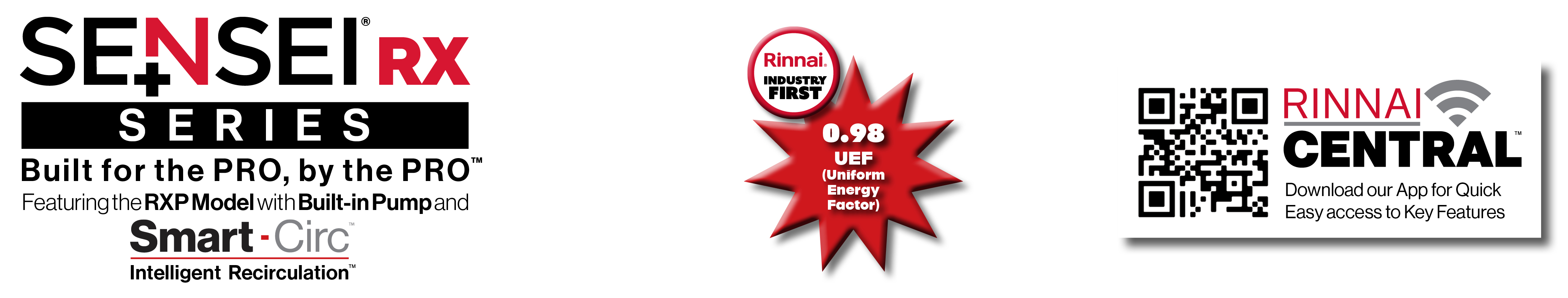 Logo SENSEI RX 0,98 UEF (Facteur énergétique uniforme), et code QR de Rinnai Central.