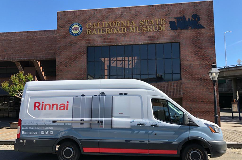 A Try Rinnai Van on tour in front of the California State Railroad Museum in Sacramento California